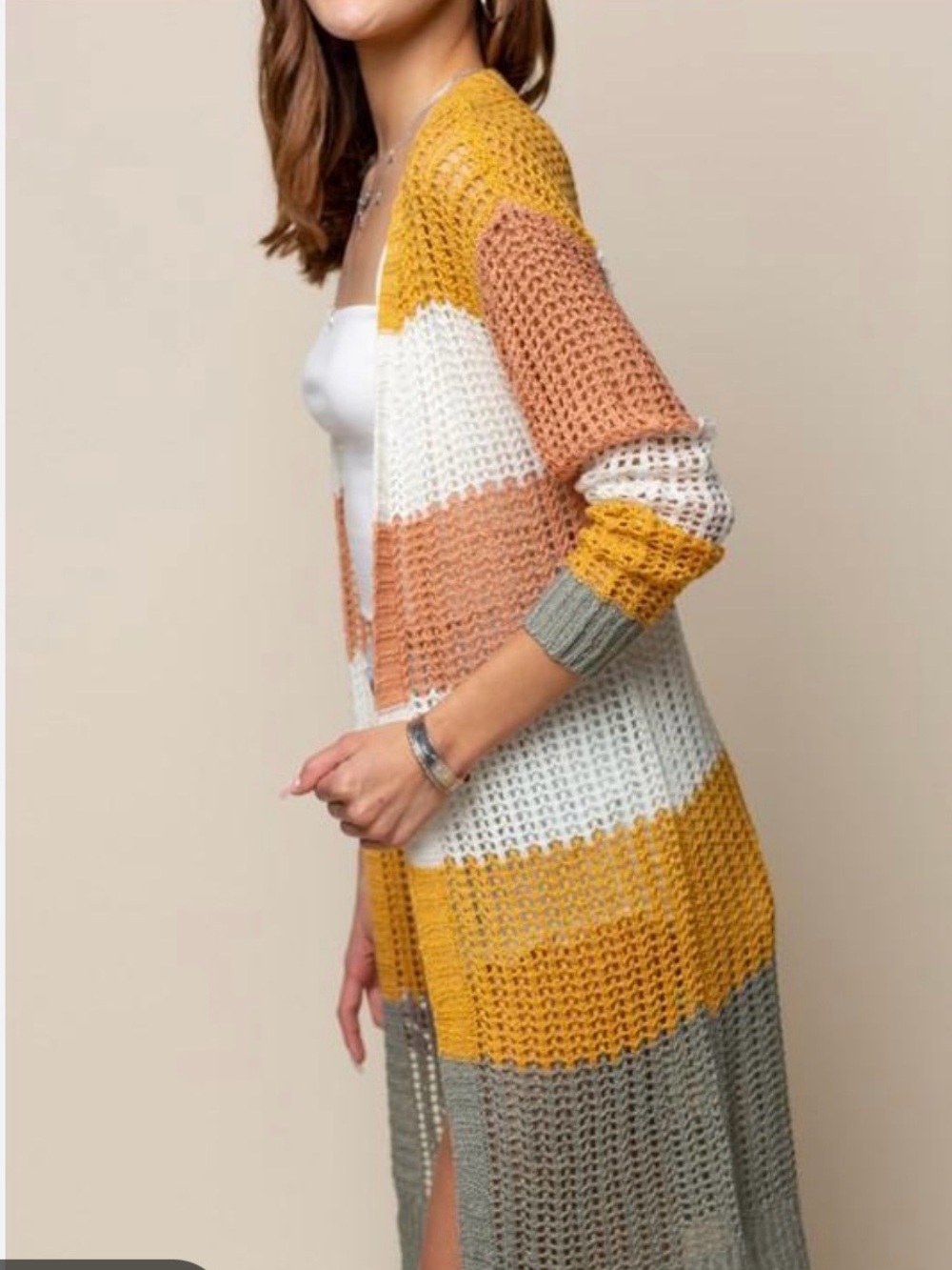 Doe & Rae Open-Knit Stripe Cardigan in Mustard, White, Tan, Olive
